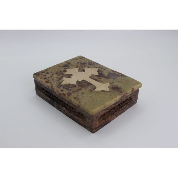 Religious Gift, Stone Trinket Box with Brass Cross Inlay, 4x3" - Picture 2 of 11